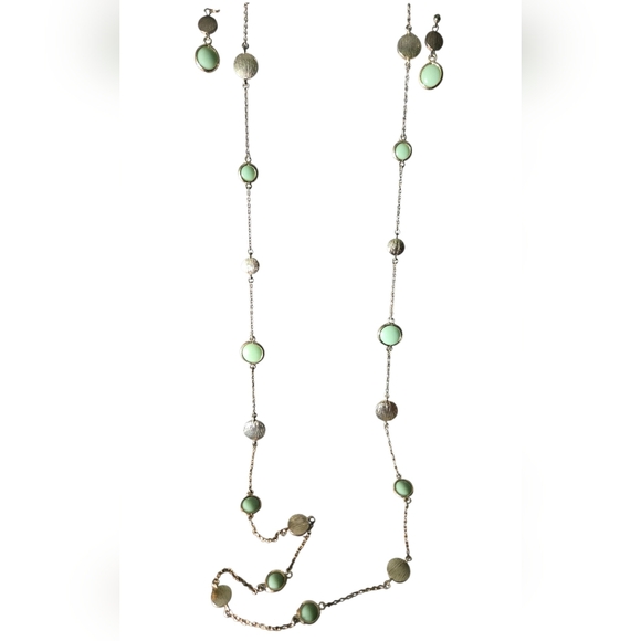 Jewelry - Long Mint Green Station Necklace Set with Gold Discs